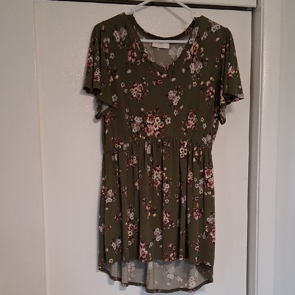 Olive Green Floral V-Neck Peplum Tunic